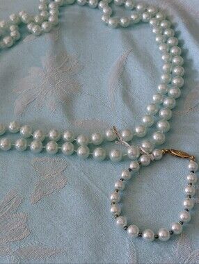 Classic Mint Green Faux Pearl Necklace and Bracelet Set - Women Jewelry